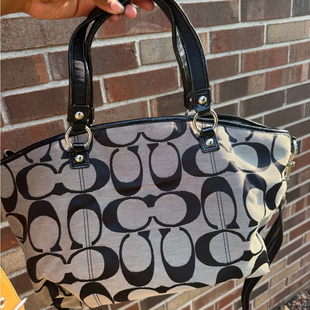 Coach Black and Cream Signature Satchel with Leather Trim